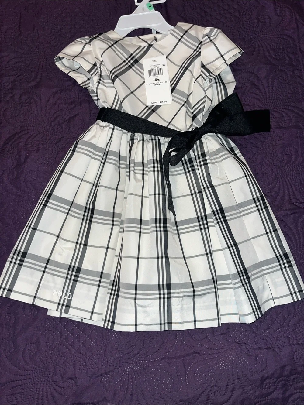 Ralph Lauren White and Black Plaid Girl's Dress with Black Sash